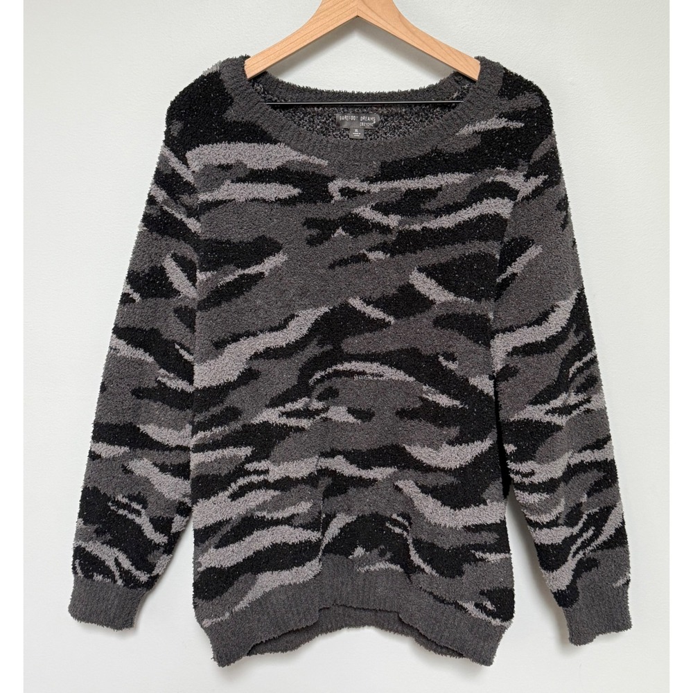 Barefoot Dreams CozyChic Seaside Crewneck Carbon Camo Sweater Gray Black Size XL